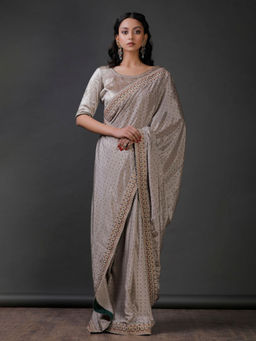 Tjori - Grey Block Printed With Lace Embroidered Saree