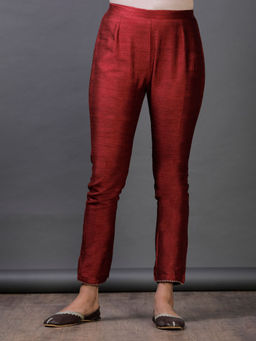 Tjori - Maroon Raw Silk Zari Crochet Hem Pajama