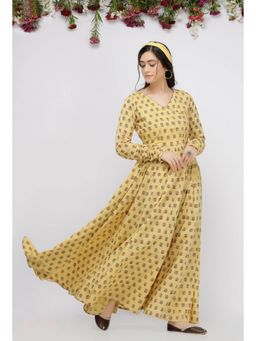 Tjori - Yellow Long Gathered Hand-Block Printed Cotton Kurta
