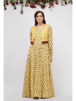 Tjori - Yellow Gathered Cotton Hand-Block Printed Kurta and Kota Boho Cape (Set of 2)