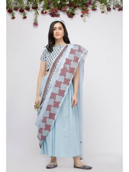Tjori - Blue Kota Hand-Block Printed Saree Without Blouse