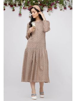 Tjori - Brown Pleated Kota Hand-Block Printed Dress