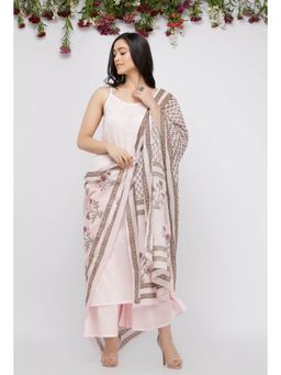 Tjori - Light Pink Cotton Slip Kurta With Pink Culotte and Printed Kota Dupatta (Set of 3)