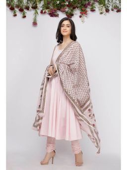 Tjori - Light Pink Kalidar Cotton Kurta With Cotton Churidar and Printed Kota Dupatta (Set of 3)