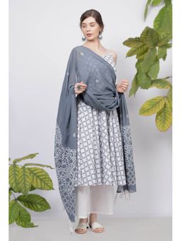 Tjori - Grey Cotton Slip Kurta with White Flared Palazzo and Printed Kota Dupatta (Set of 3)