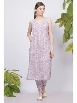 Tjori - Purple Floral Cotton Straight Slip and Cotton Floral Dhoti (Set of 2)