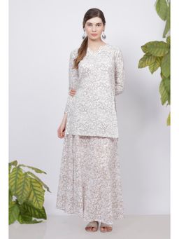 Tjori - Brown Floral Hand Block Printed Cotton Short Kurta