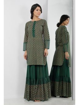 Tjori - Irvin Bottle Green Floral Printed Cotton Short Kurta With Printed Sharara (Set of 2)