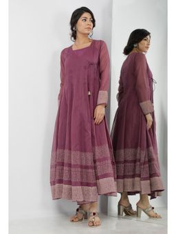 Tjori - Iya Purple Motifs Pattern Hand-Block Printed Kote Kali Angrakha Anarkali