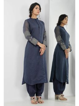 Tjori - Aegean Navy Blue Mandarin Collar Floral Hand-Block Kote Kurta