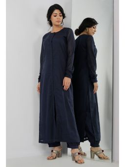 Tjori - Aegean Navy Blue Plain Kote Round Neck Straight Fit Kurta