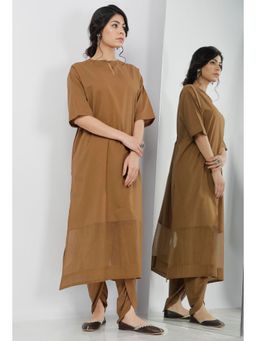 Tjori - Kanak Beige Plain Round Neck Straight Fit Kote Bordered Cotton Kurta