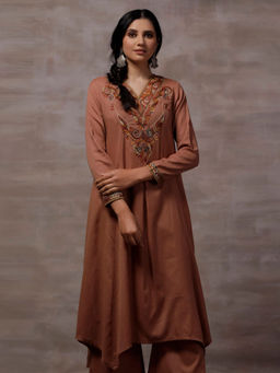 Tjori - Taupe Embroidered Kurta