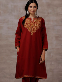 Tjori - Maroon Embroidered Kurta