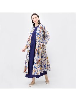 Tjori - Kalamkari Cape With Maxi Dress In Blue & Beige (Set of 2)