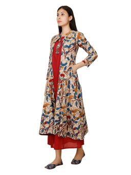 Tjori - Beige Kalamkari Cape With Red & Beige Maxi Dress (Set of 2)