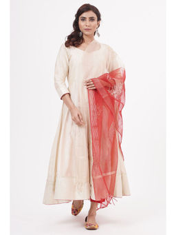 Khushboo & Pankaj - Beige Red Organza Zari Dupatta