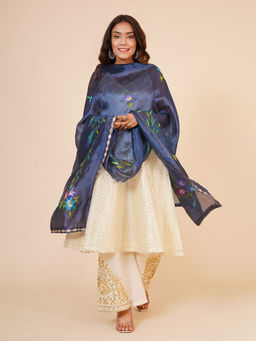 Khushboo & Pankaj - Blue Silk Handpainted Dupatta
