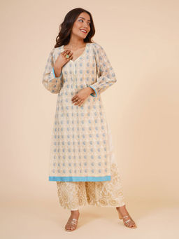 Khushboo & Pankaj - Beige Blue Chanderi Kurta