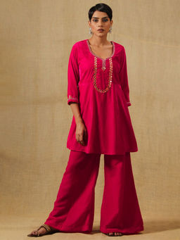 Khushboo & Pankaj - Pink Mirror Work Kurta with Palazzo With Belt