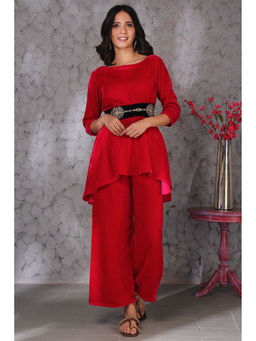 Khushboo & Pankaj - Pink Velvet Kurta with Palazzo With Belt (Set of 3)