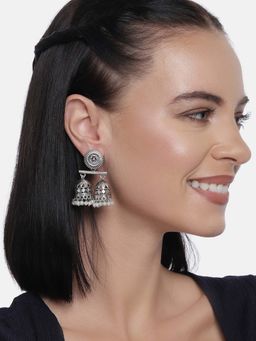 Laida - Silver Oxidized Double Jhumka Earrings With Pearl Hangings