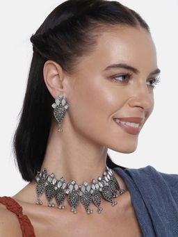 Laida - Silver Oxidized Handcrafted Mirror Design Ghungroo Hanging Choker Jewellery Set (Set of 2)