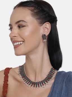 Laida - Silver Oxidized Handcrafted Multi Coloured Pearl Jewellery Set (Set of 2)