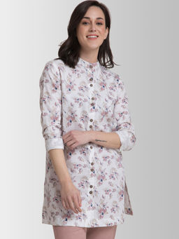 FABLE STREET - Linen Mandarin Collar Floral Tunic - White and Pink