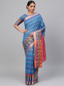 Sareemall - Blue Cotton Silk Handloom Saree with Unstitched Blouse