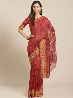 Akhilam - Maroon Floral Printed Saree With Unstitched Blouse