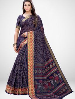 Sareemall - Navy Blue Floral Printed Saree