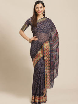 Akhilam - Navy Blue Floral Printed Saree With Unstitched Blouse