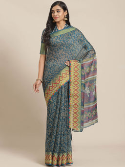 Akhilam - Blue Floral Printed Saree With Unstitched Blouse