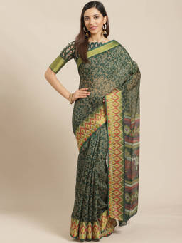 Akhilam - Green Floral Printed Saree With Unstitched Blouse