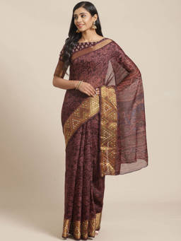 Akhilam - Brown Floral Printed Saree With Unstitched Blouse