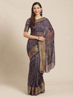 Akhilam - Navy Blue Floral Printed Saree With Unstitched Blouse