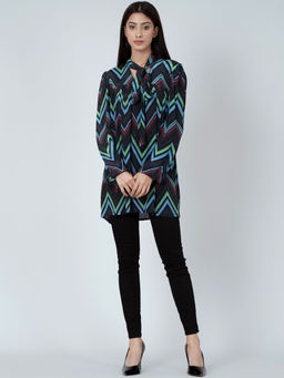 First Resort by Ramola Bachchan - Blue And Green Chevron Tie-neck Top