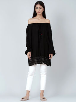 First Resort by Ramola Bachchan - Black Lace Peasant Top