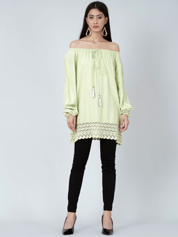 First Resort by Ramola Bachchan - Mint Green Lace Peasant Top