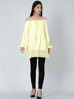 First Resort by Ramola Bachchan - Yellow Lace Peasant Top