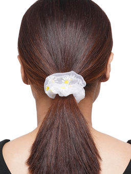 ToniQ - White Dainty Daisy Printed Organza Hair Scrunchie Rubber Band For Women - OSXXIH14