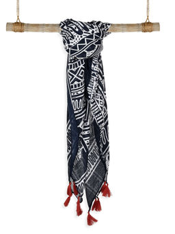 ToniQ - Navy Bandana Paisley Printed With Contrast Tasselled Square Scarf For Women