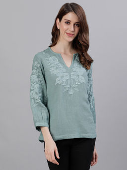 ISHIN - Women Cotton Sea Green Embroidered Top