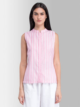 FableStreet - Pink Mandarin Collar Striped Top