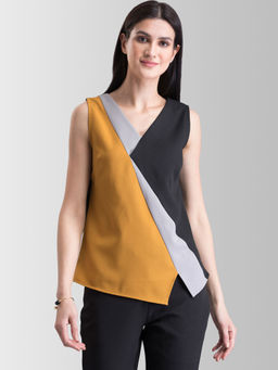 FableStreet - Asymmetric Hem Colour Block Top - Black and Mustard