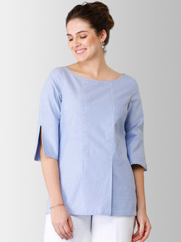 FABLE STREET - Blue Boat Neck Stitch Detail Bell Sleeve Top