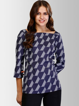 FABLE STREET - Navy Blue Wide Neck Printed Top