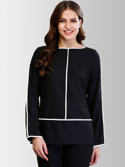 FABLE STREET - Black Boat Neck Piping Detail Top
