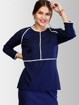 FableStreet - Navy Blue Round Neck Piping Detail Top